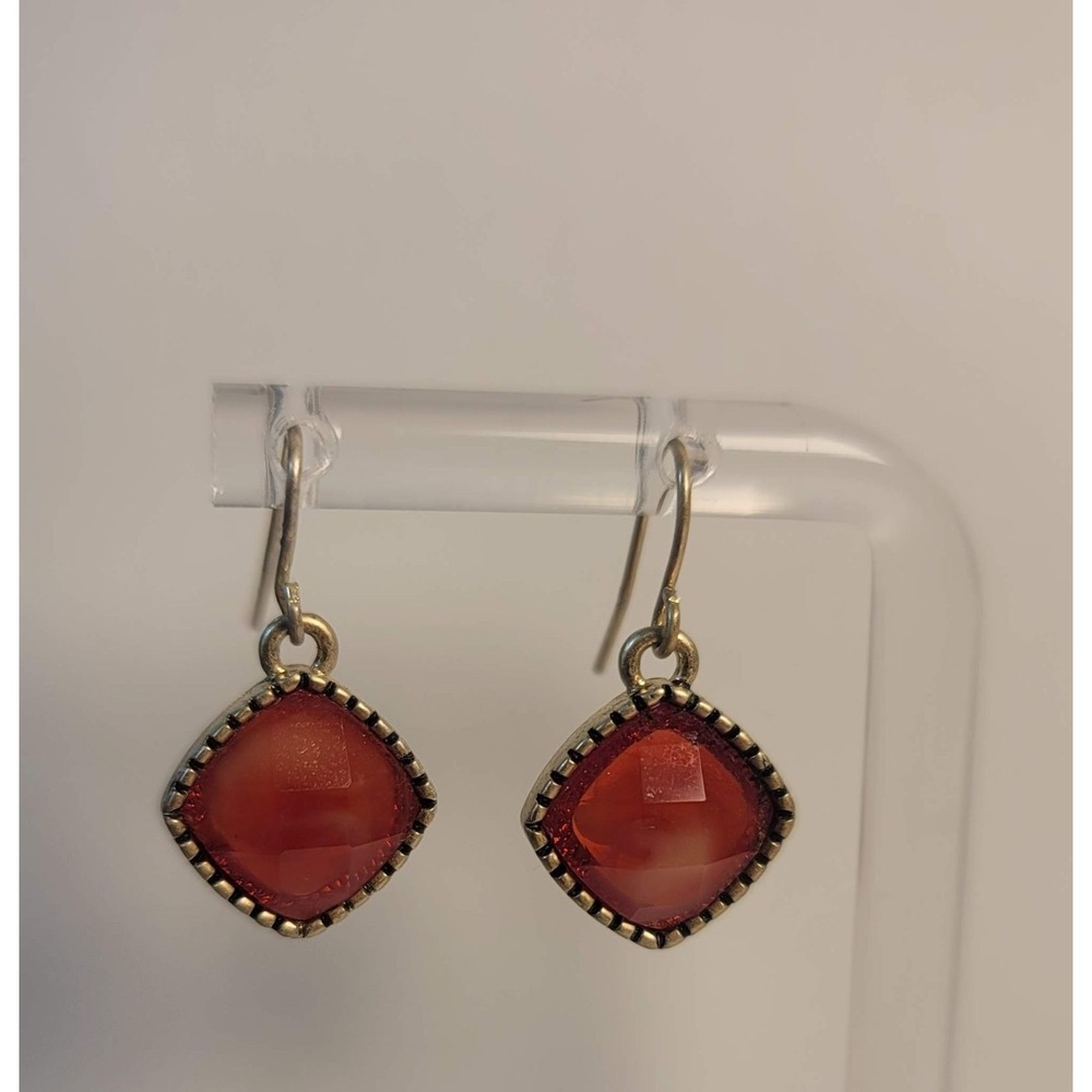 Vintage Style Red‎ Marbled Square Drop Earrings Antique Gold Tone Beaded Bezel